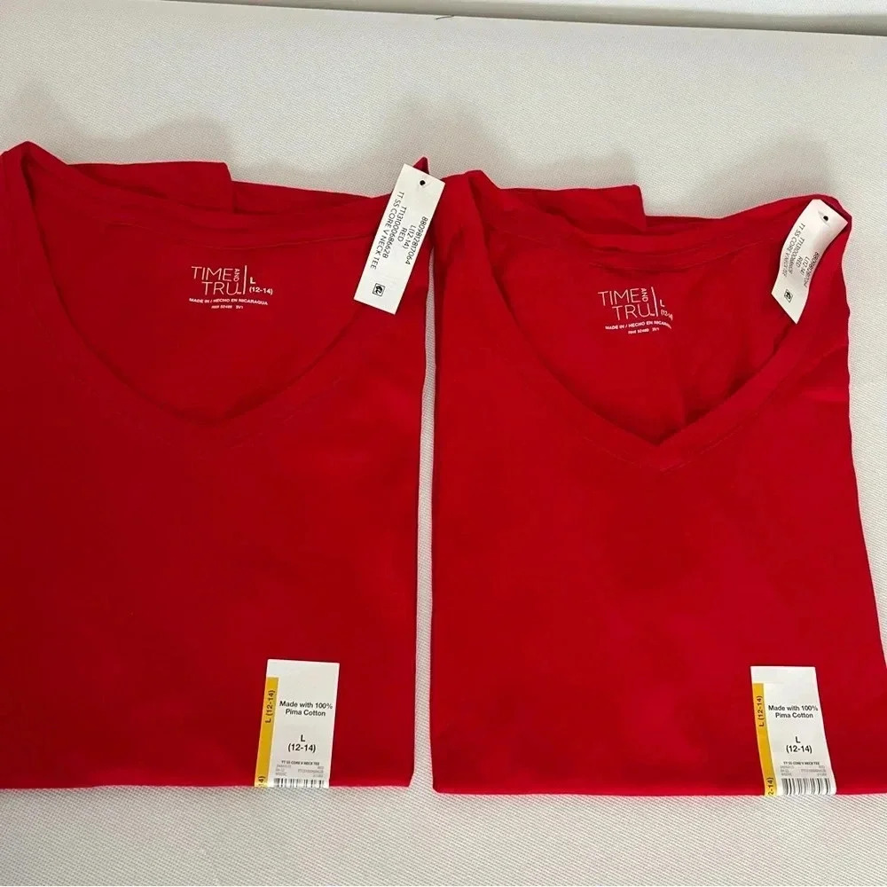 Lot of 2 T-Shirt Pima Cotton V-Neck Size Large (12-14) Red Relaxed Fit New - Picture 3 of 6
